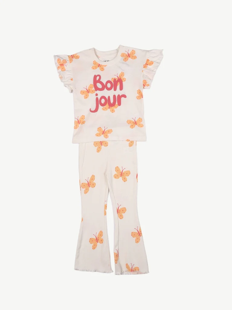 HOP Kids Girls Off-White Printed Cotton-Blend Top and Pants Set - Image 3