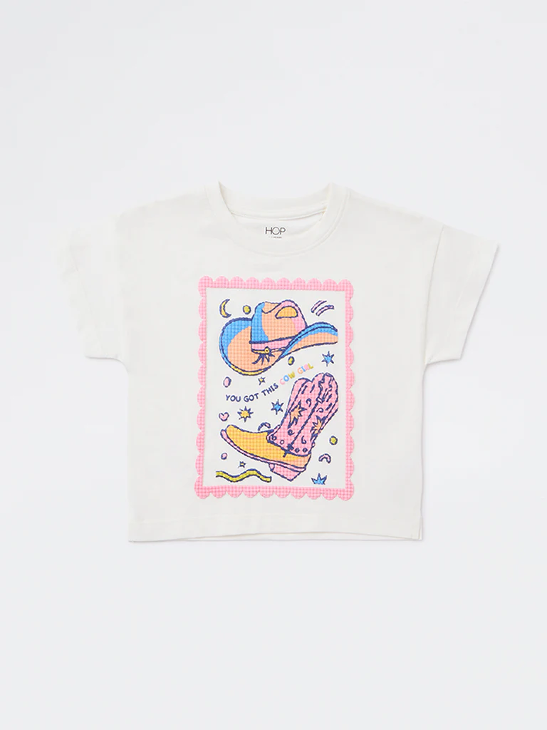 HOP Kids Girls Off-White Printed Cotton T-Shirt - Image 4