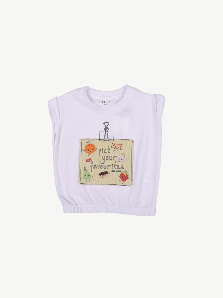 HOP Kids Girls Off-White Printed Cotton T-Shirt - Image 3