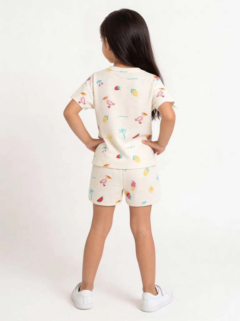 HOP Kids Girls Off-White Printed Cotton T-Shirt and Shorts - Image 2