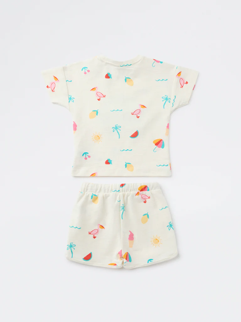 HOP Kids Girls Off-White Printed Cotton T-Shirt and Shorts - Image 4