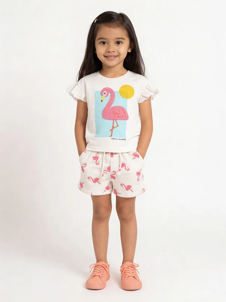 HOP Kids Girls Off-White Printed Cotton Top and Shorts Set