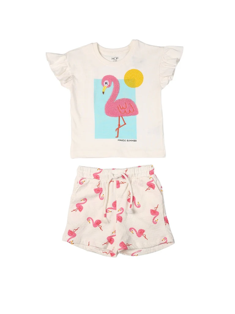 HOP Kids Girls Off-White Printed Cotton Top and Shorts Set - Image 4