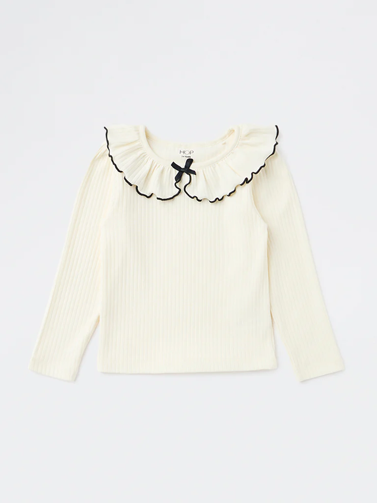 HOP Kids Girls Off-White Ribbed Bow-Detail Cotton-Blend Top - Image 4