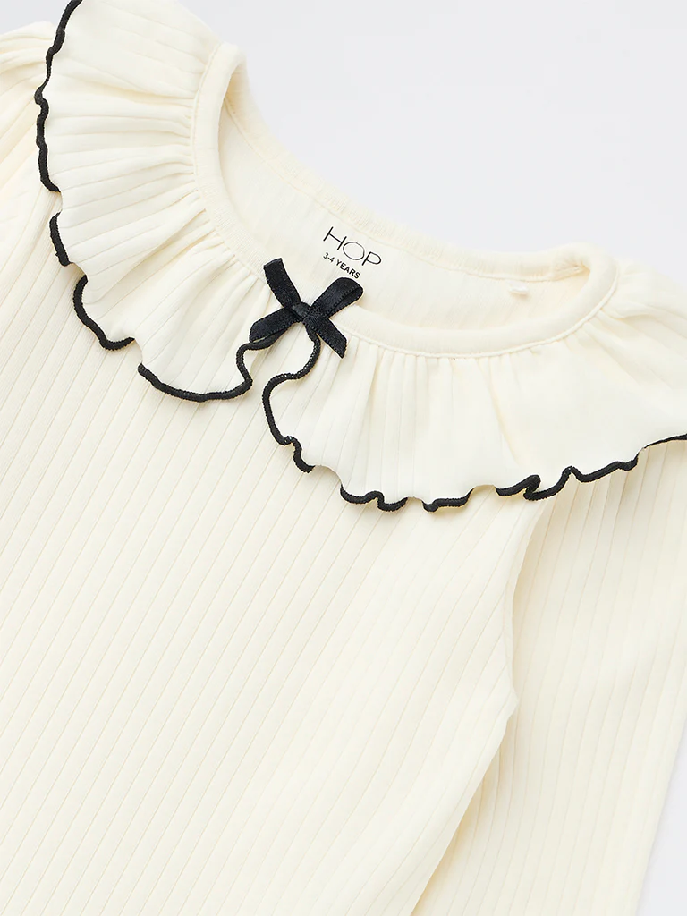 HOP Kids Girls Off-White Ribbed Bow-Detail Cotton-Blend Top - Image 6