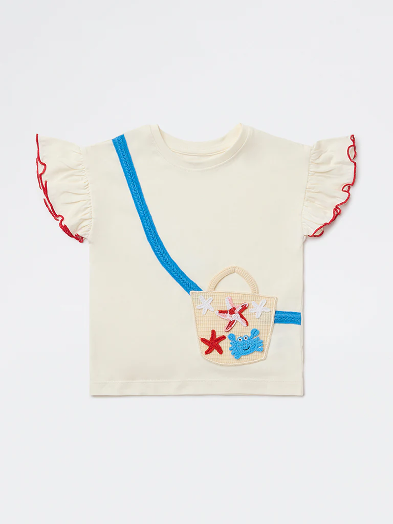 HOP Kids Girls Off-White Sea-Life Embroidered Cotton Top - Image 3