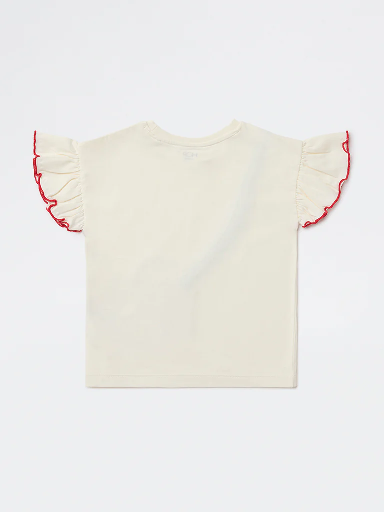 HOP Kids Girls Off-White Sea-Life Embroidered Cotton Top - Image 4