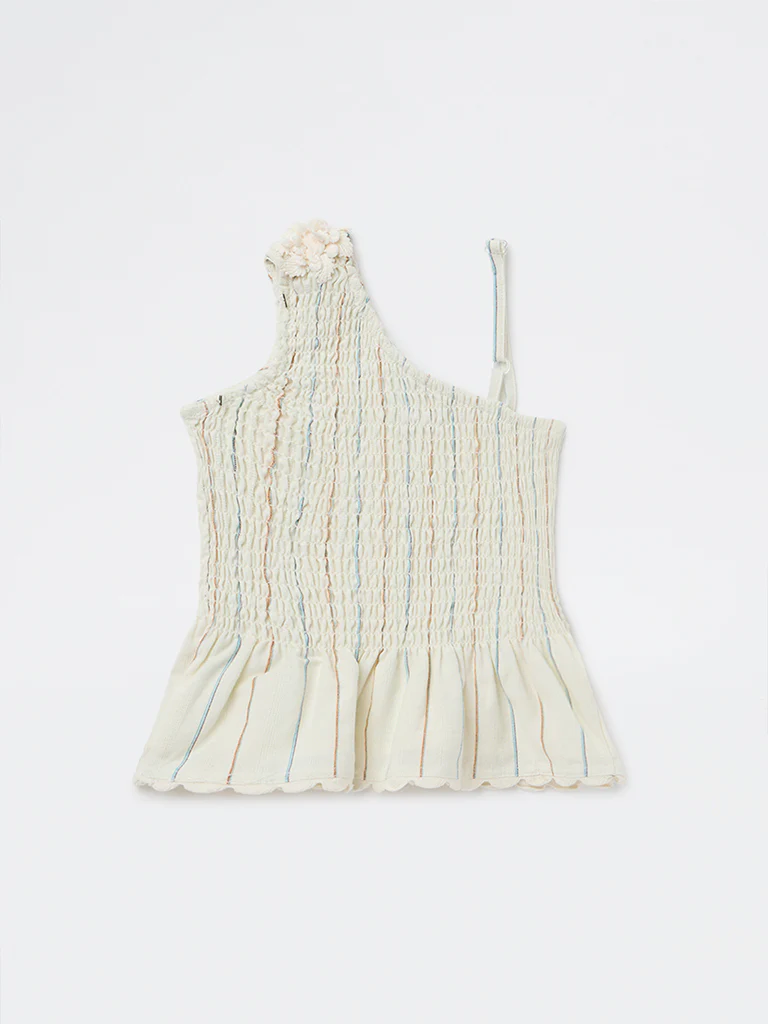 HOP Kids Girls Off-White Smocked One-Shoulder Cotton Top - Image 4