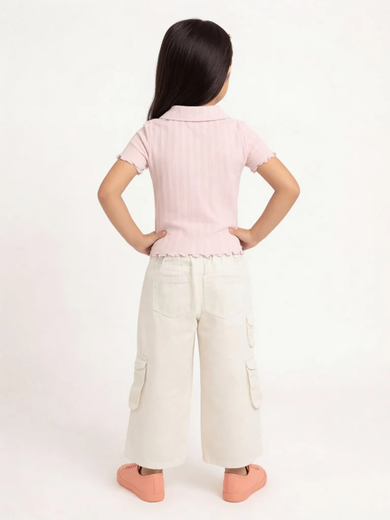 HOP Kids Girls Off-White Solid Mid-Rise Denim Cargo Jeans - Image 3