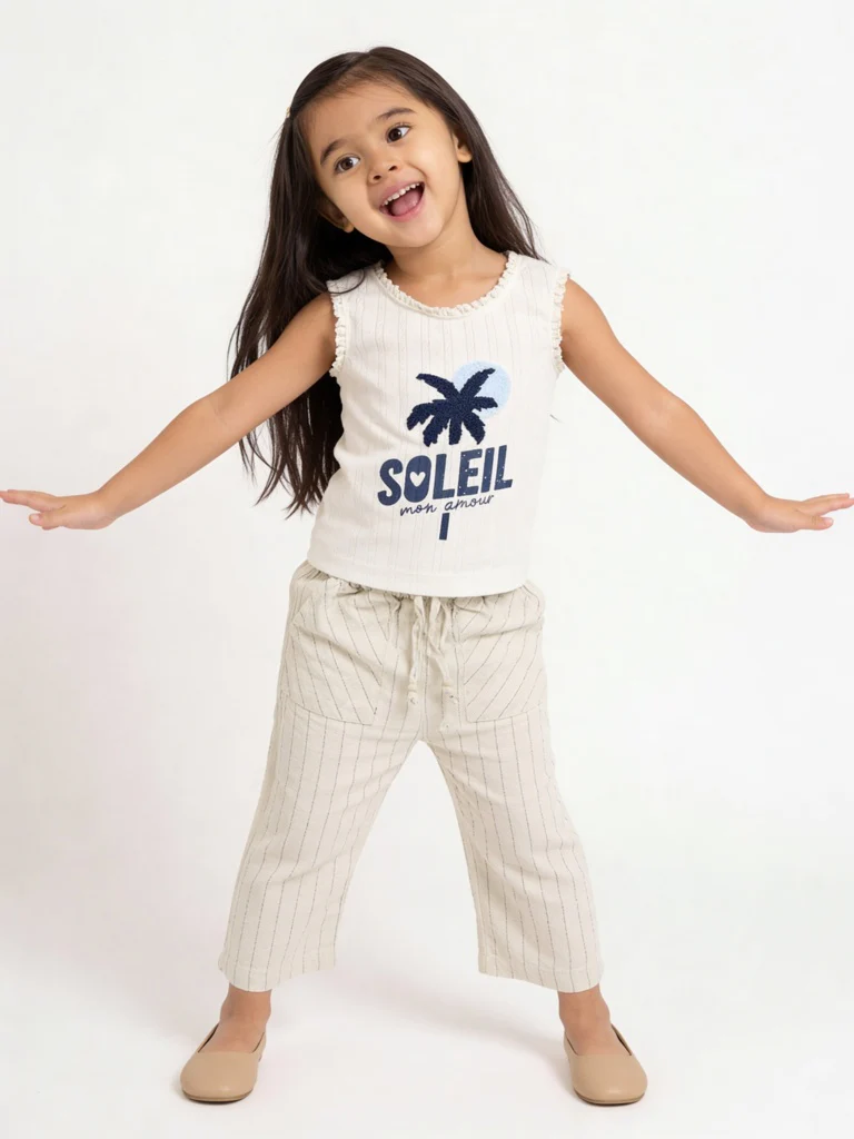 HOP Kids Girls Off-White Stripe-Pattern Mid-Rise Pants