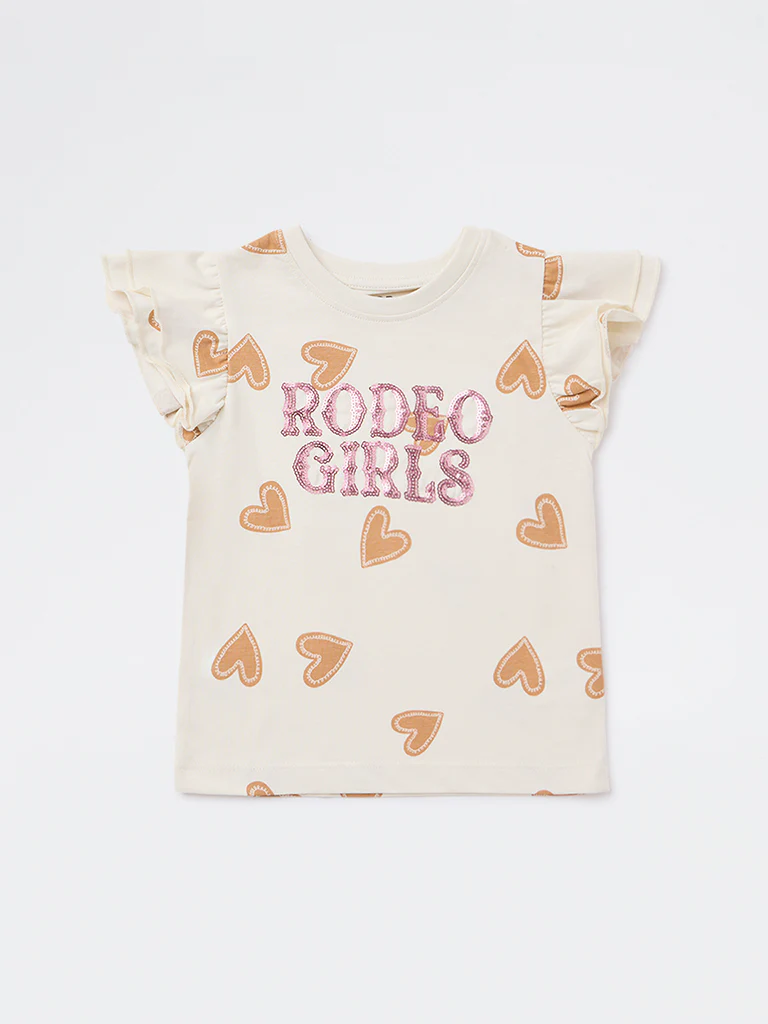 HOP Kids Girls Off-White Text Embellished Cotton Top - Image 4