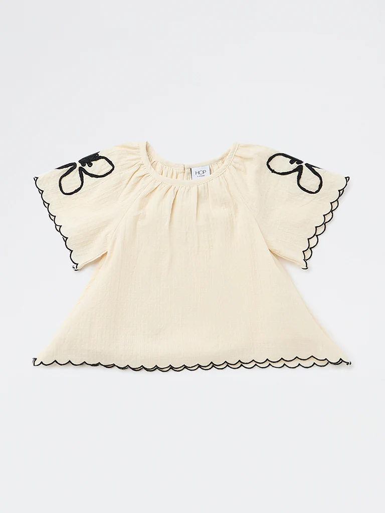 HOP Kids Girls Off-White Textured A-Line Cotton Top - Image 3