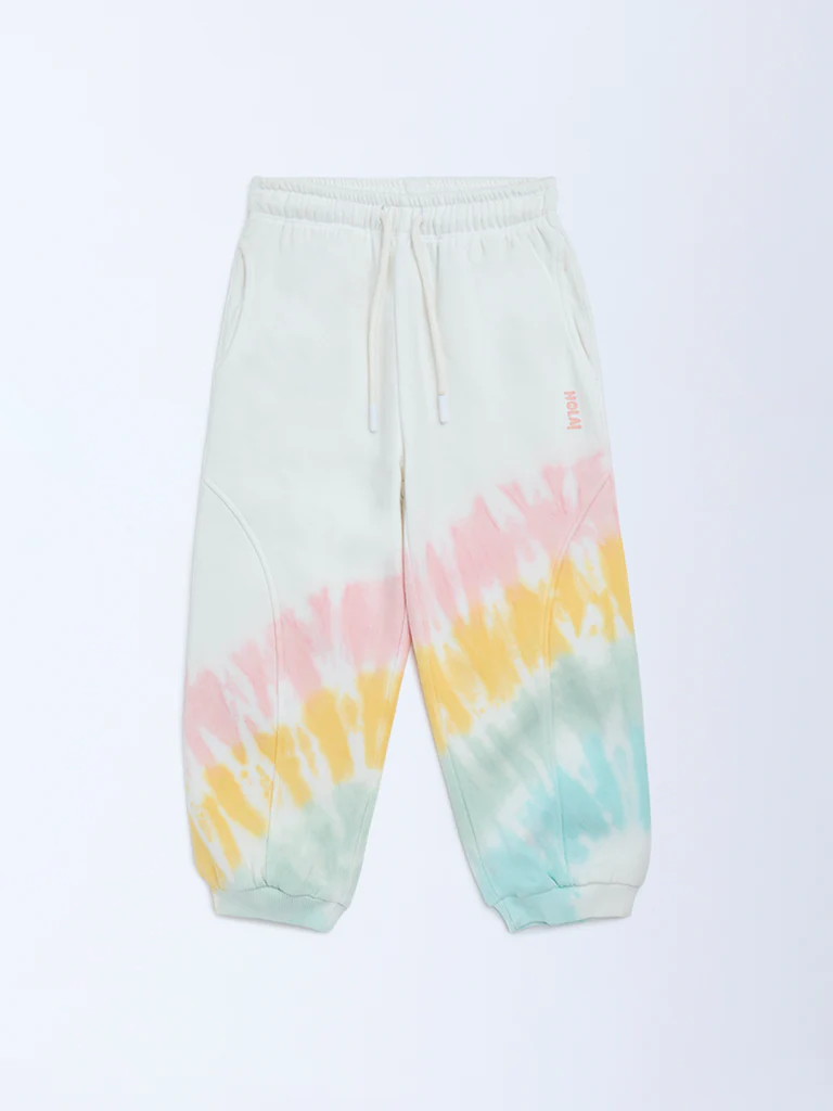 HOP Kids Girls Off-White Tie-Dye High-Rise Cotton-Blend Joggers - Image 4