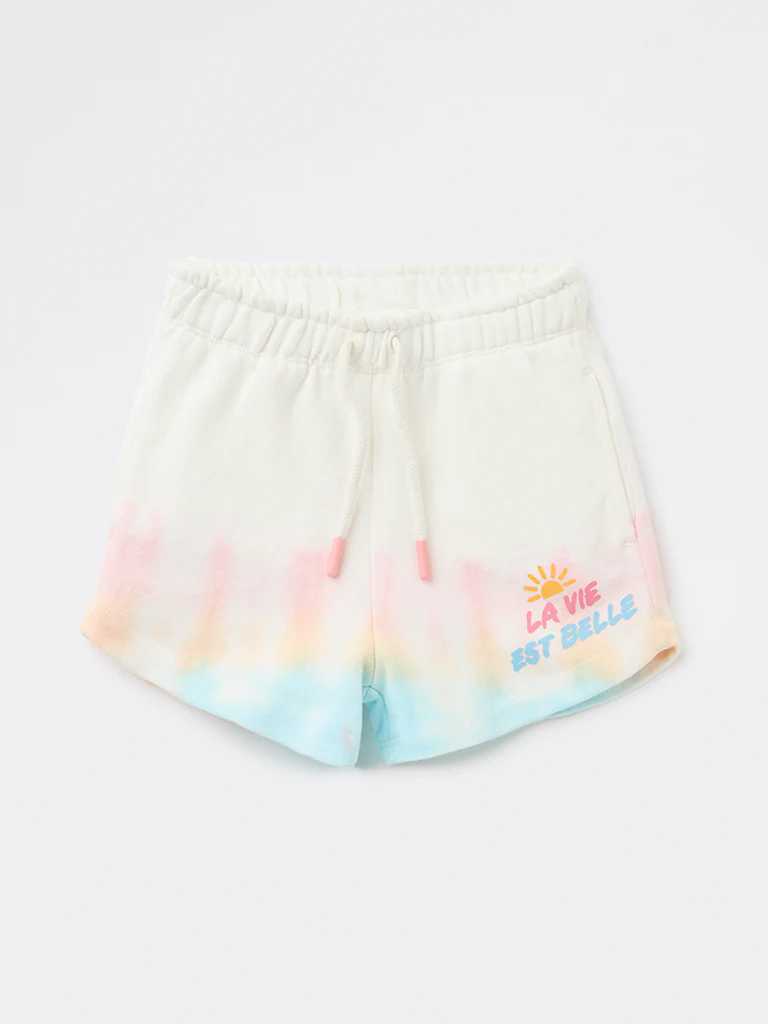 HOP Kids Girls Off-White Tie-Dye Pattern High-Rise Cotton Shorts - Image 4