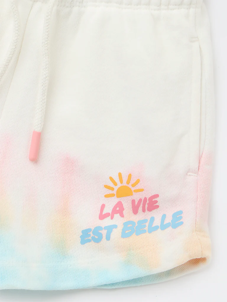 HOP Kids Girls Off-White Tie-Dye Pattern High-Rise Cotton Shorts - Image 6