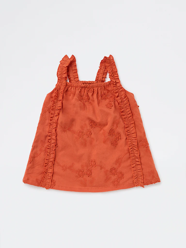 HOP Kids Girls Orange Floral Embroidered Cotton Top - Image 2