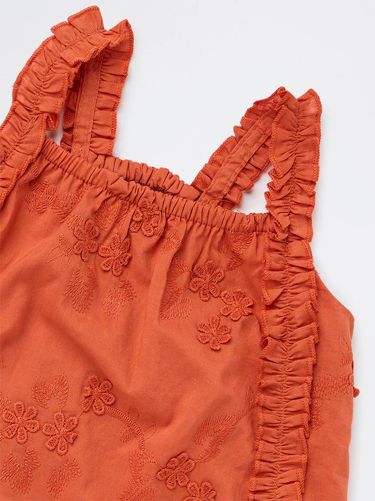 HOP Kids Girls Orange Floral Embroidered Cotton Top - Image 4