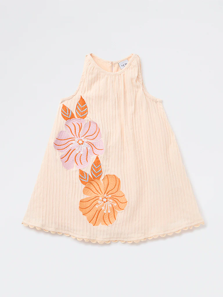 HOP Kids Girls Peach Embroidered A-Line Cotton-Blend Dress - Image 3