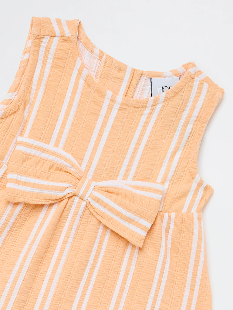 HOP Kids Girls Peach Striped Cotton-Blend A-Line Dress - Image 6