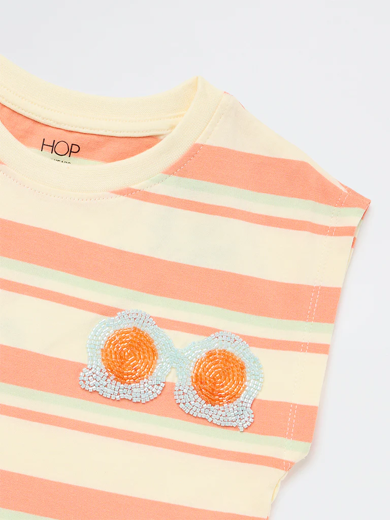 HOP Kids Girls Peach Striped Cotton T-Shirt - Image 4