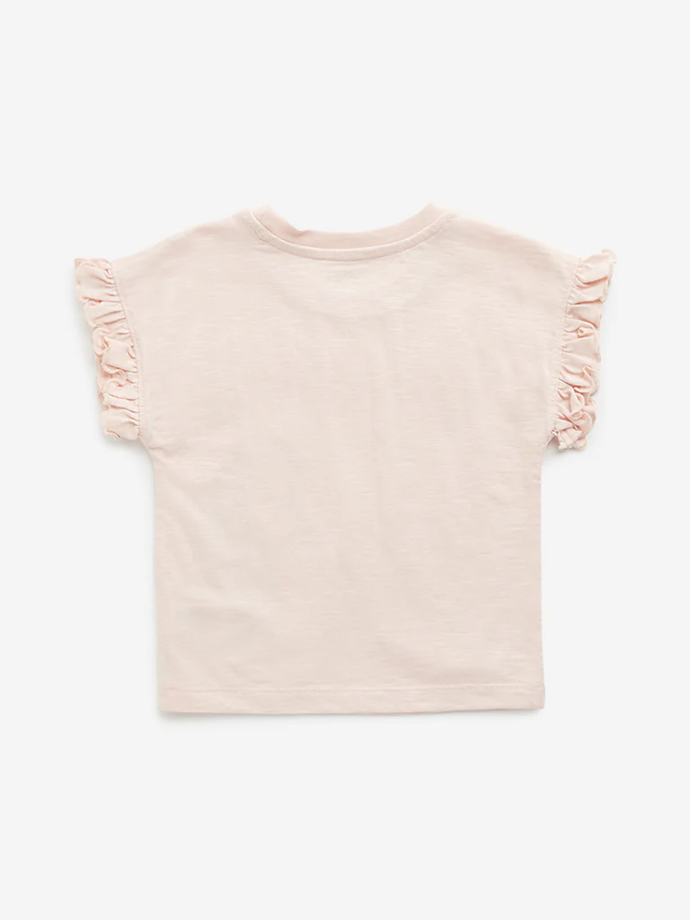 HOP Kids Girls Peach Unicorn Embellished Cotton T-Shirt - Image 3
