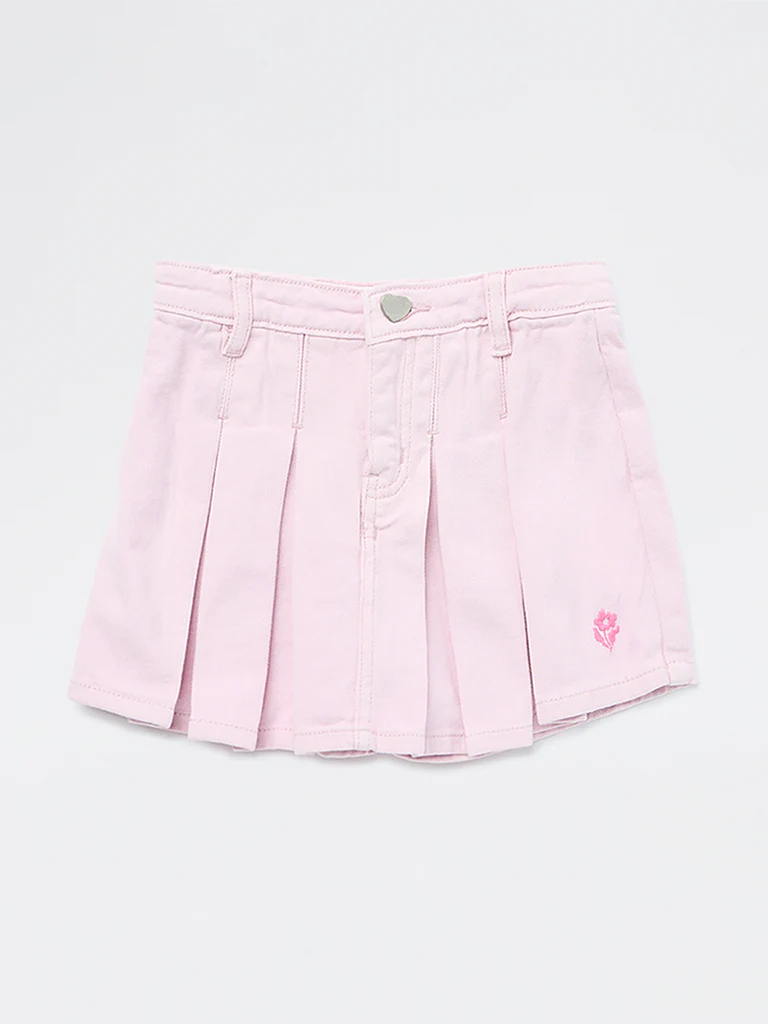 HOP Kids Girls Pink Box Pleated High-Rise Denim Skorts - Image 4