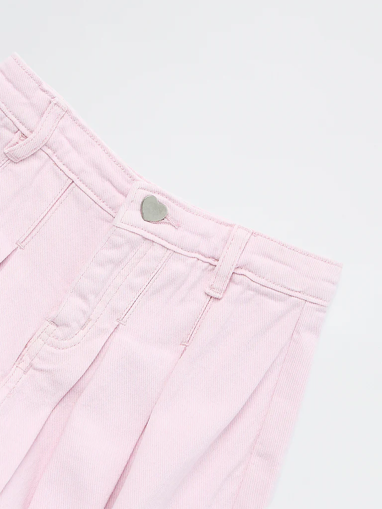HOP Kids Girls Pink Box Pleated High-Rise Denim Skorts - Image 6