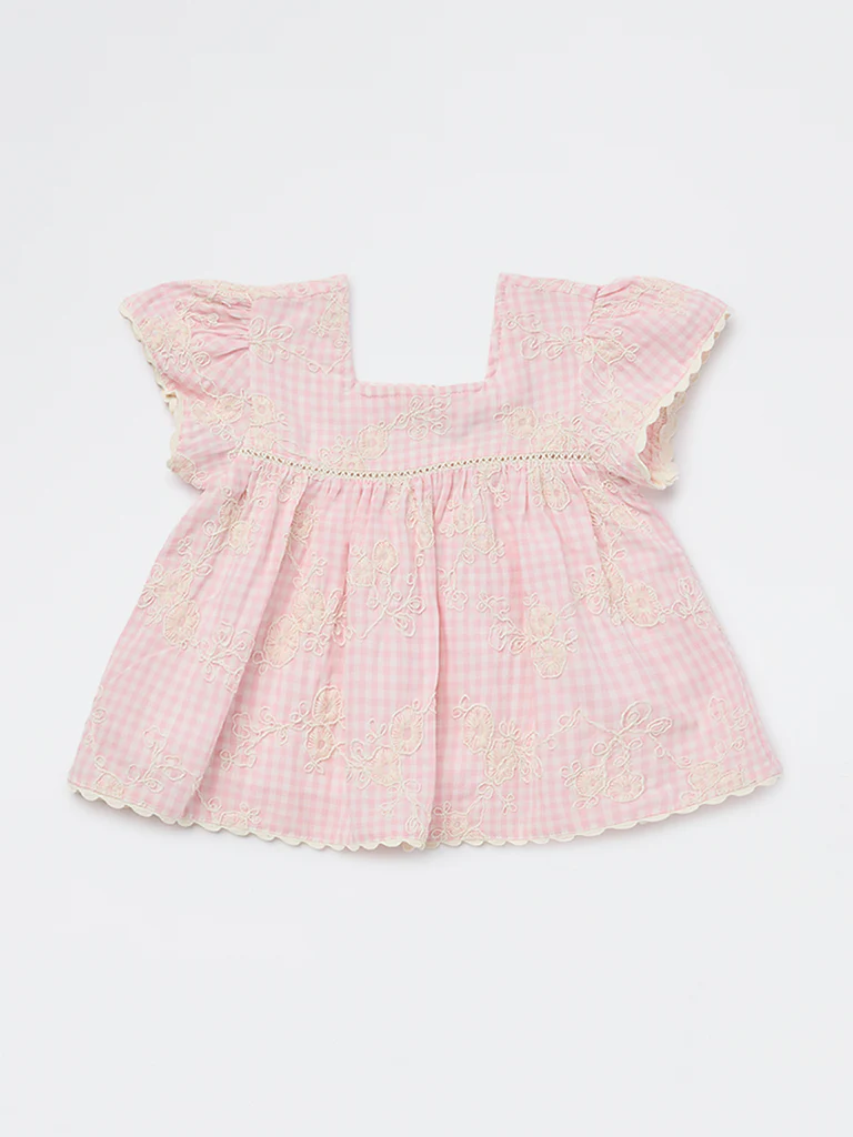 HOP Kids Girls Pink Checkered Cotton Top - Image 3