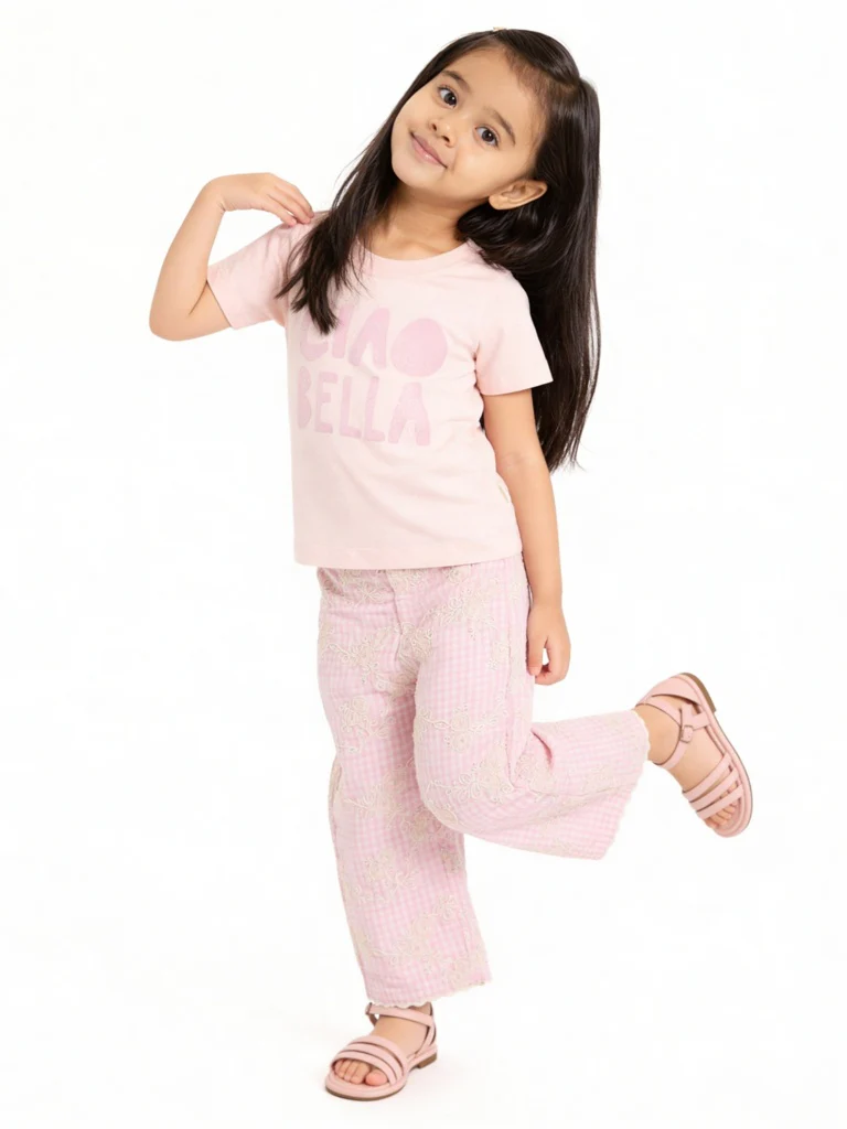 HOP Kids Girls Pink Checkered High-Rise Cotton Pants