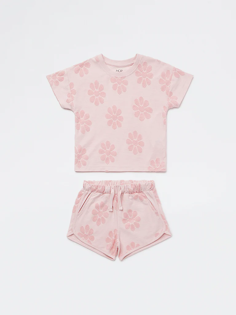 HOP Kids Girls Pink Cotton-Blend T-Shirt and Shorts Set