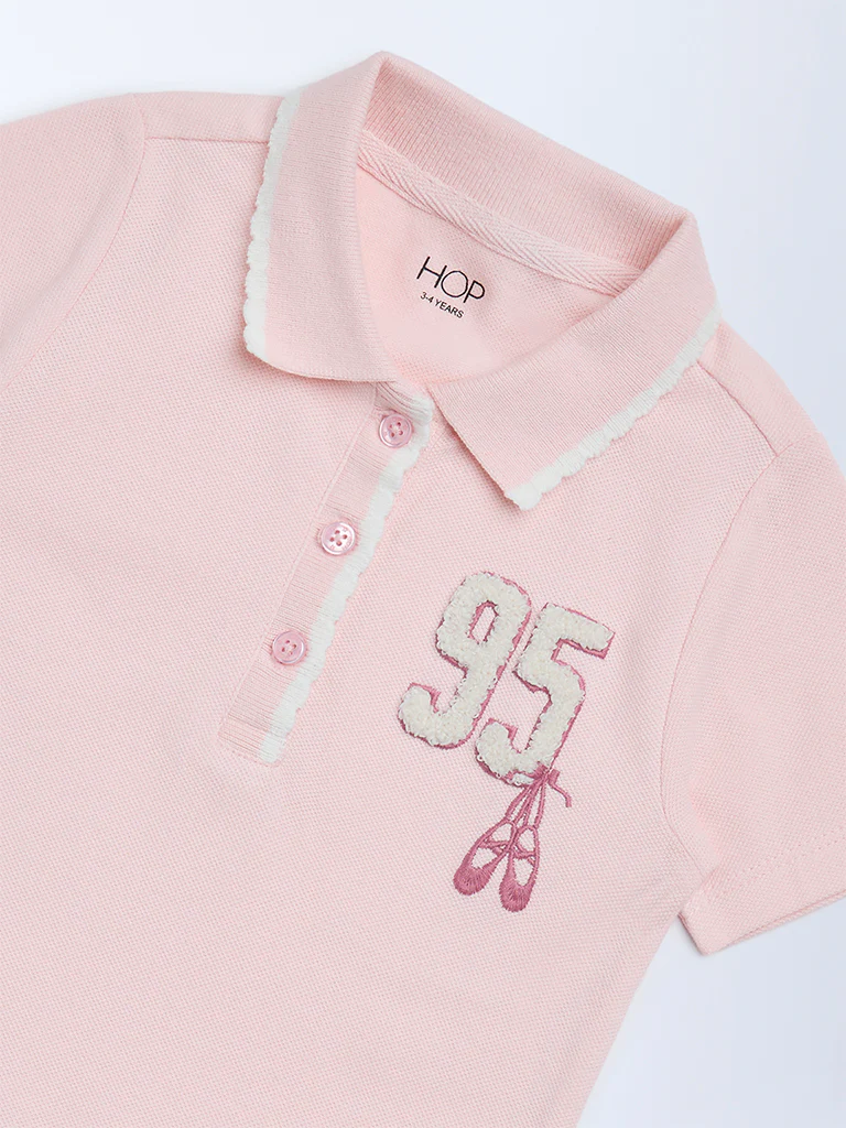 HOP Kids Girls Pink Embroidered Cotton Polo Dress - Image 5