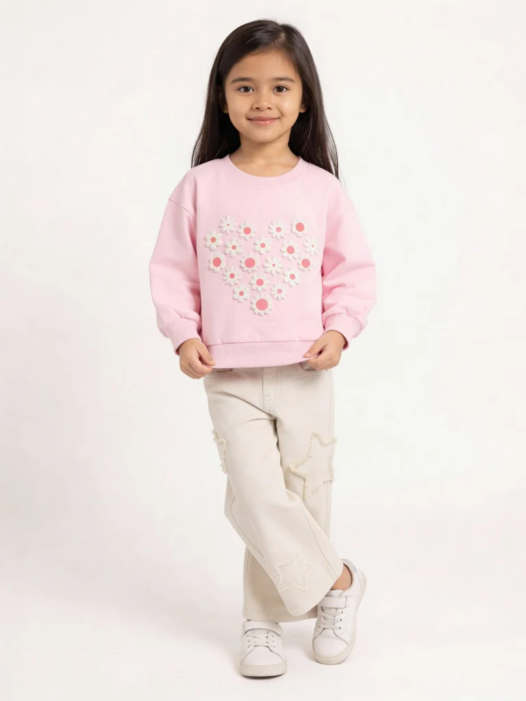 HOP Kids Girls Pink Floral Design Cotton-Blend Sweatshirt