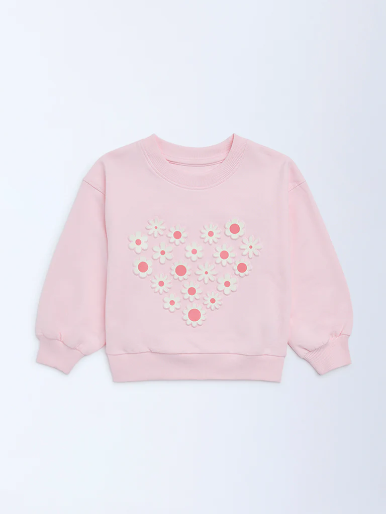 HOP Kids Girls Pink Floral Design Cotton-Blend Sweatshirt - Image 4