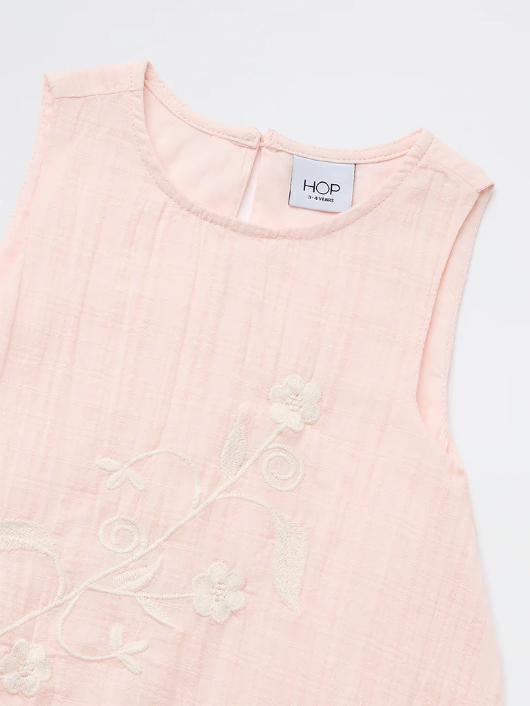 HOP Kids Girls Pink Floral Embroidered Cotton Bubble Dress - Image 3