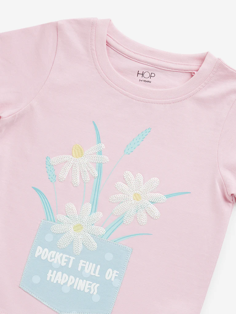 HOP Kids Girls Pink Floral Embroidered Cotton T-Shirt - Image 4
