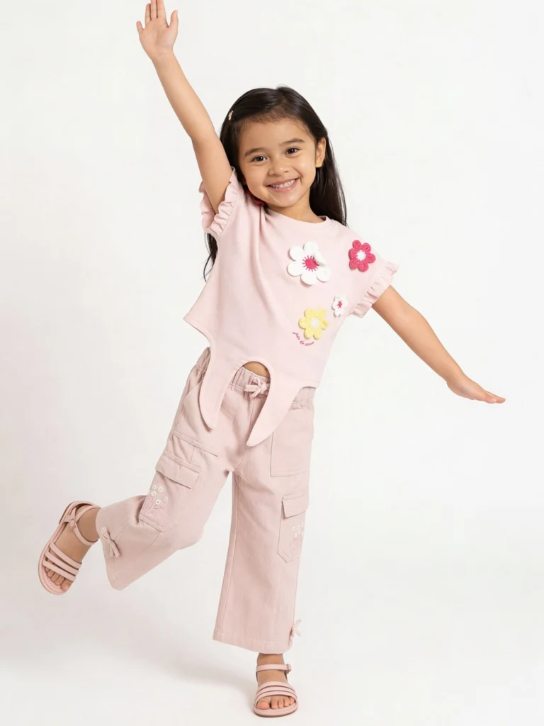 HOP Kids Girls Pink Floral Embroidered Tie-Up Cotton Top