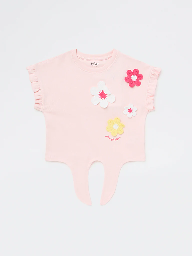 HOP Kids Girls Pink Floral Embroidered Tie-Up Cotton Top - Image 4