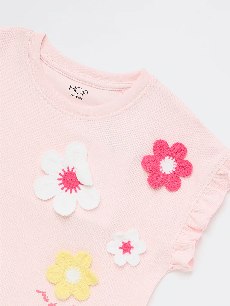 HOP Kids Girls Pink Floral Embroidered Tie-Up Cotton Top - Image 6