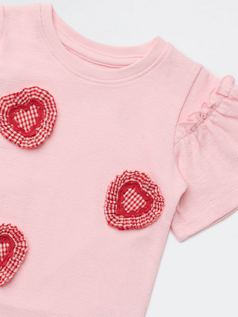 HOP Kids Girls Pink Hearts Embroidered Cotton Top - Image 5