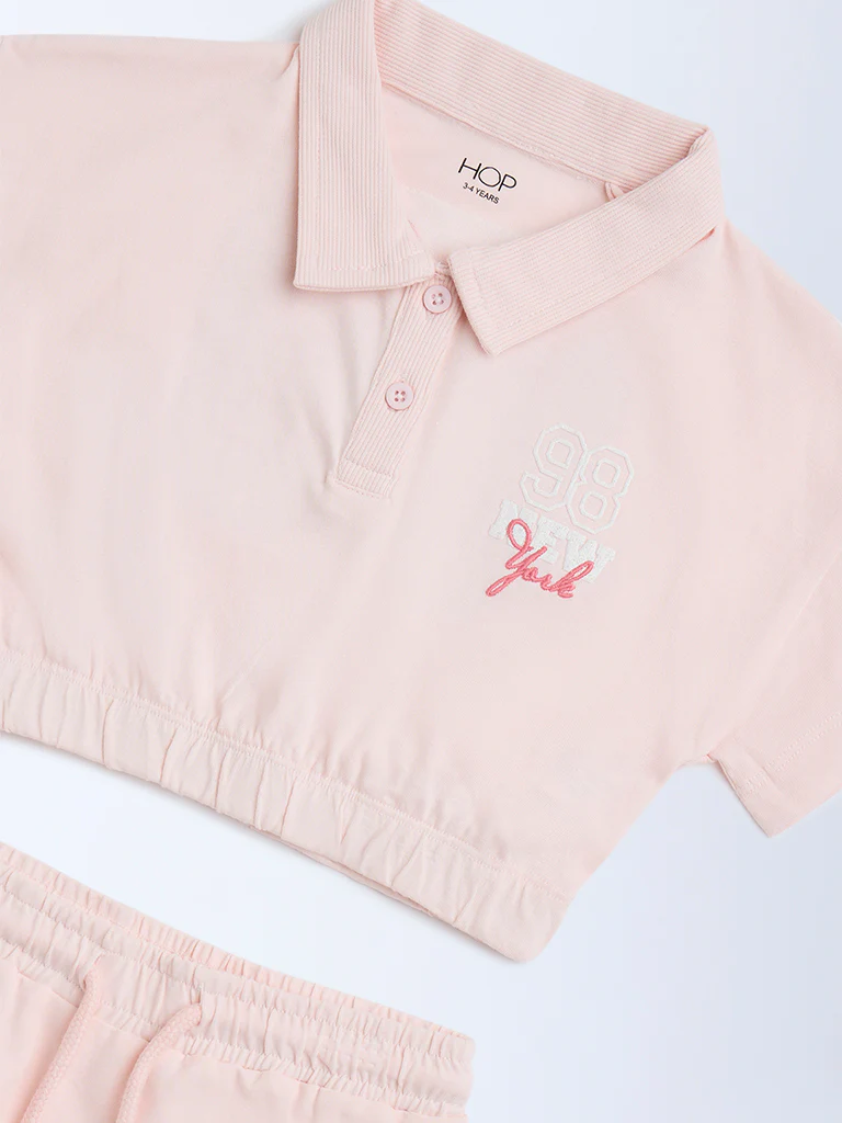 HOP Kids Girls Pink Printed Cotton Polo T-Shirt with Skirt Set - Image 5