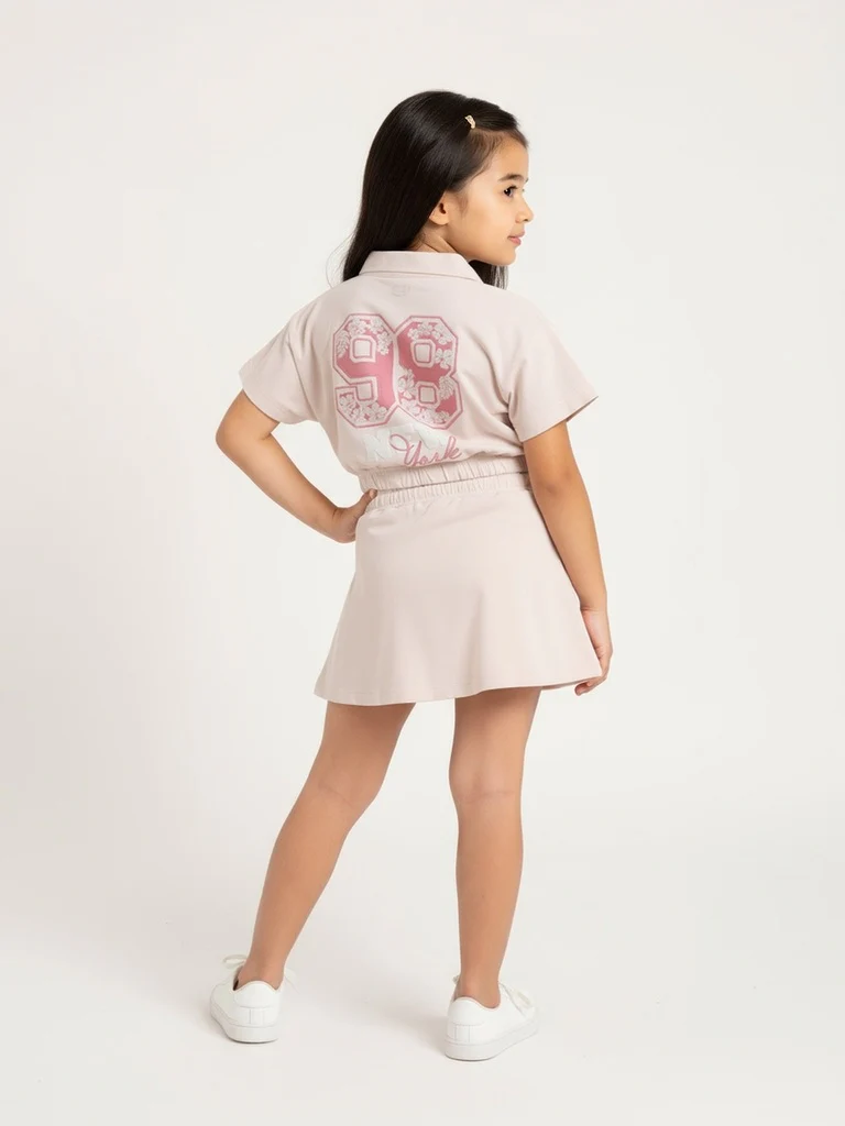 HOP Kids Girls Pink Printed Cotton Polo T-Shirt with Skirt Set - Image 6