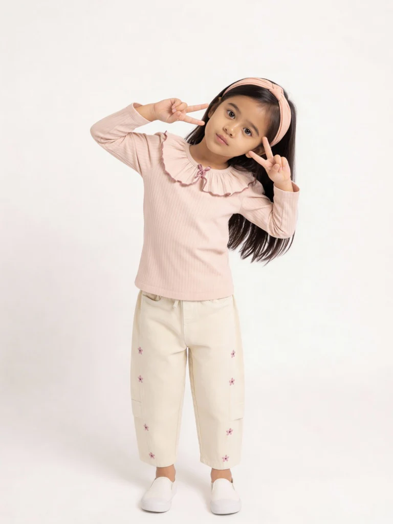 HOP Kids Girls Pink Ribbed Bow-Detail Cotton-Blend Top