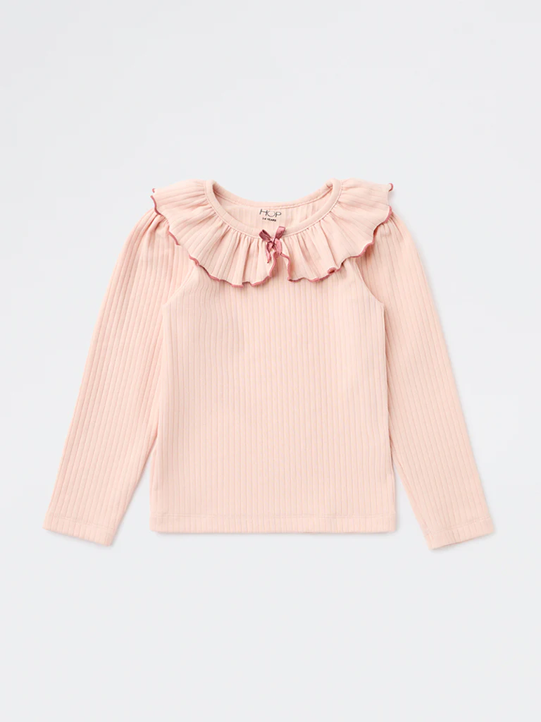 HOP Kids Girls Pink Ribbed Bow-Detail Cotton-Blend Top - Image 4
