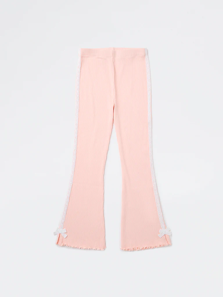 HOP Kids Girls Pink Ribbed High-Rise Cotton-Blend Leggings - Image 3