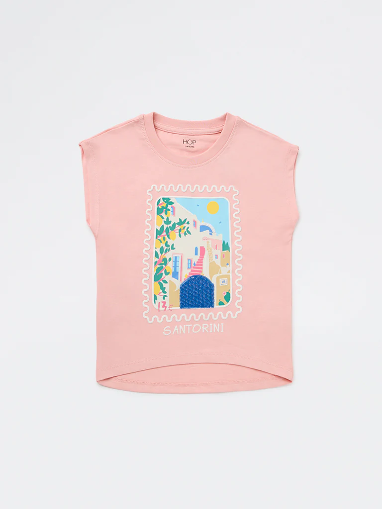 HOP Kids Girls Pink Scenic-Printed Cotton T-Shirt - Image 4