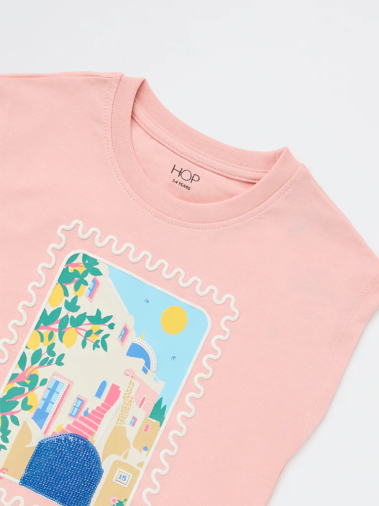 HOP Kids Girls Pink Scenic-Printed Cotton T-Shirt - Image 6
