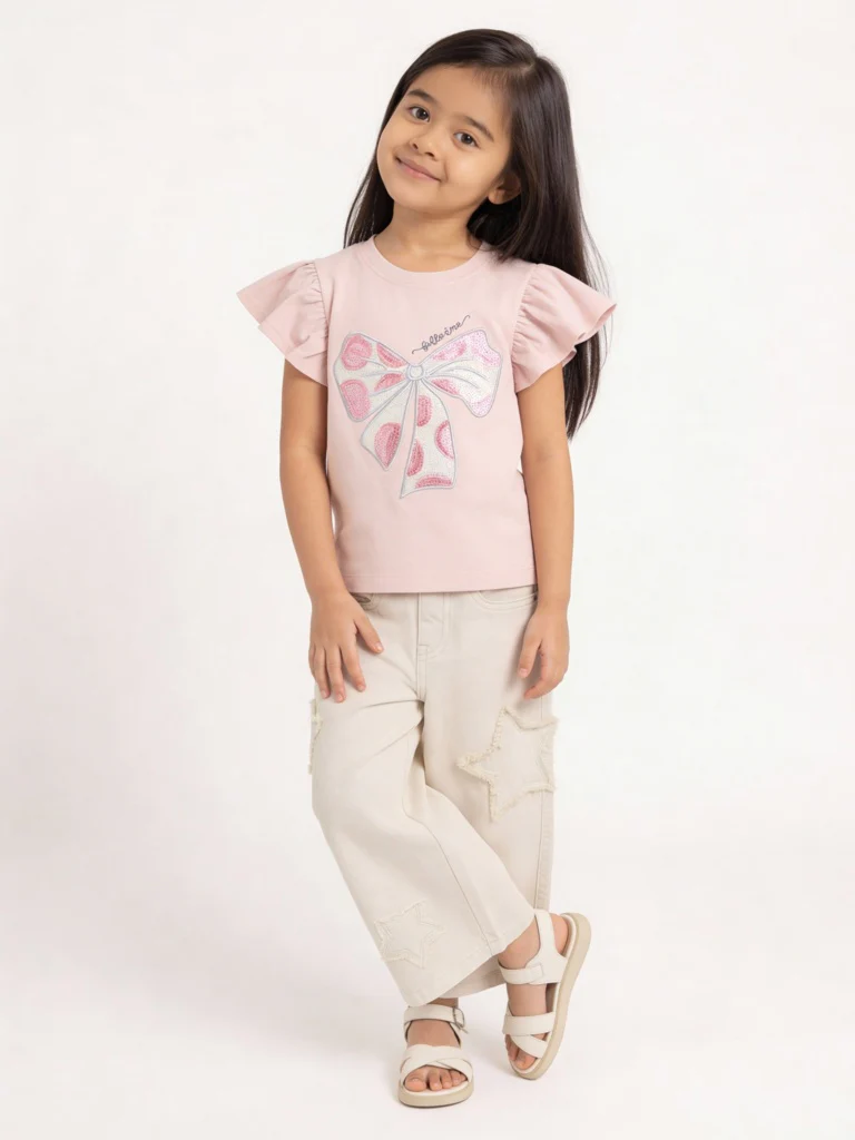 HOP Kids Girls Pink Sequin Bow Design Cotton Top