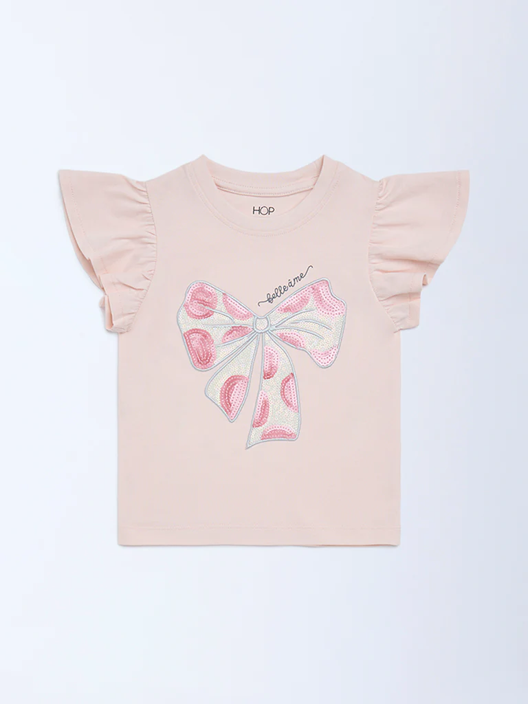 HOP Kids Girls Pink Sequin Bow Design Cotton Top - Image 4