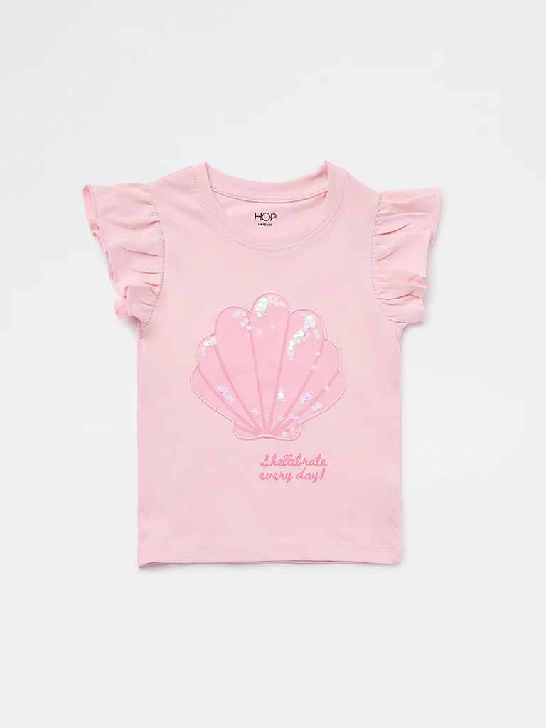 HOP Kids Girls Pink Shell Embroidered Cotton Top - Image 4