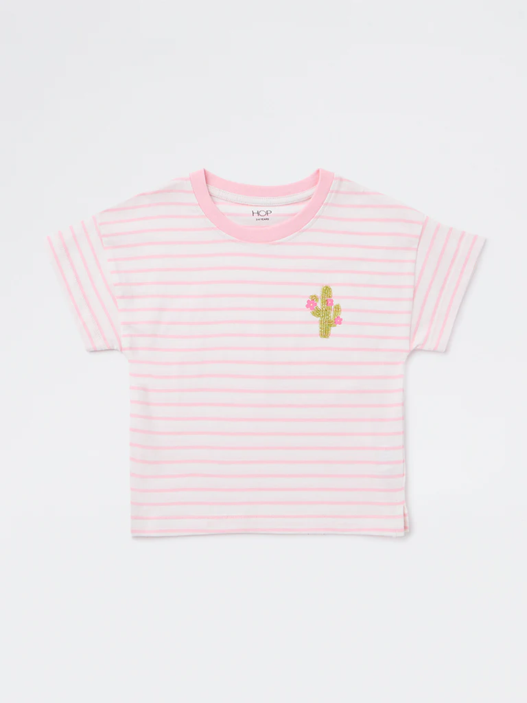 HOP Kids Girls Pink Striped Cotton T-Shirt - Image 4